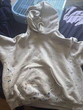 PURPLE Embroidered Beige Crewneck Hoodie with Paint-Splatter Detail